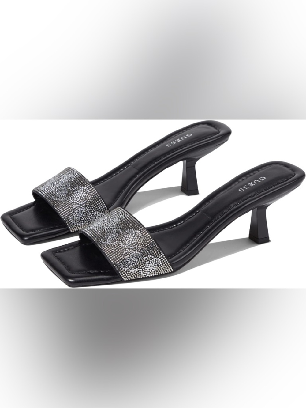 Guess Black Slide Mules with Silver Crystal Logo Strap Sz 5 BNWB